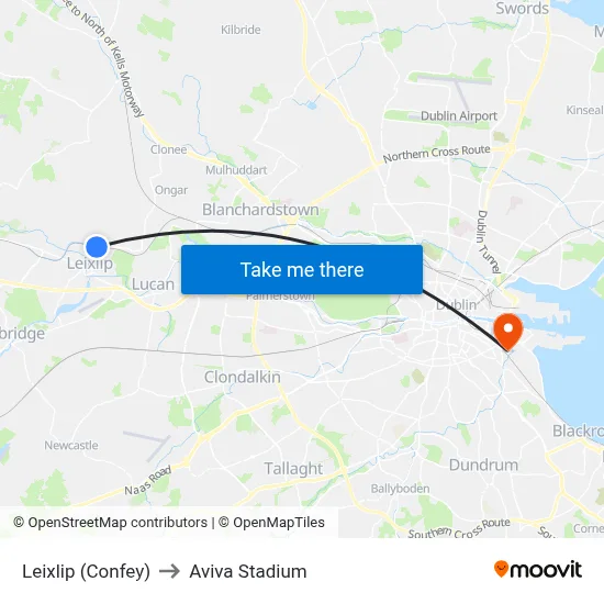 Leixlip (Confey) to Aviva Stadium map
