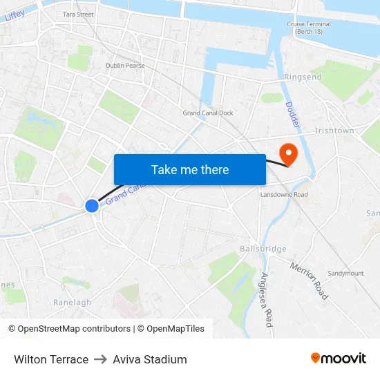 Wilton Terrace to Aviva Stadium map