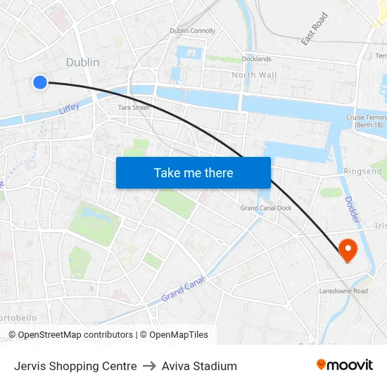 Jervis Shopping Centre to Aviva Stadium map