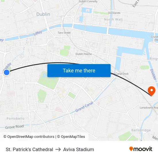 St. Patrick's Cathedral to Aviva Stadium map