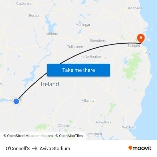 O' Connells to Aviva Stadium map