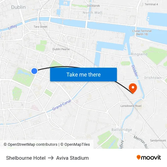 Shelbourne Hotel to Aviva Stadium map