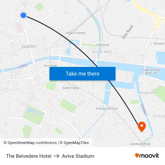 The Belvedere Hotel to Aviva Stadium map