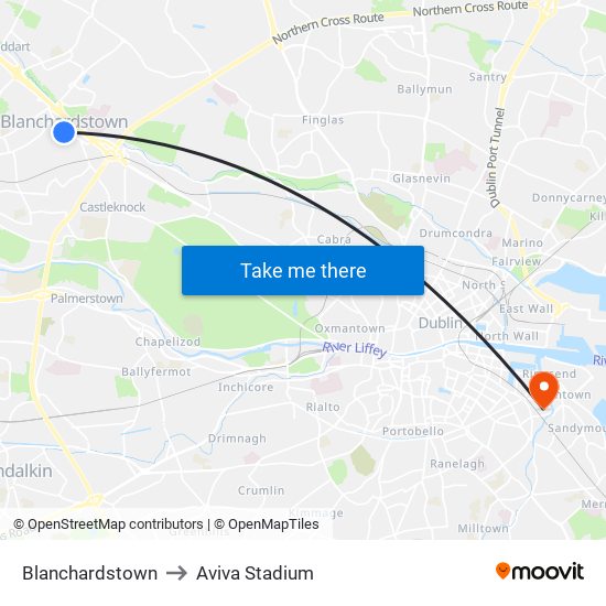 Blanchardstown to Aviva Stadium map