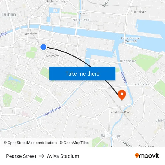 Pearse Street to Aviva Stadium map