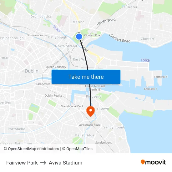 Fairview Park to Aviva Stadium map