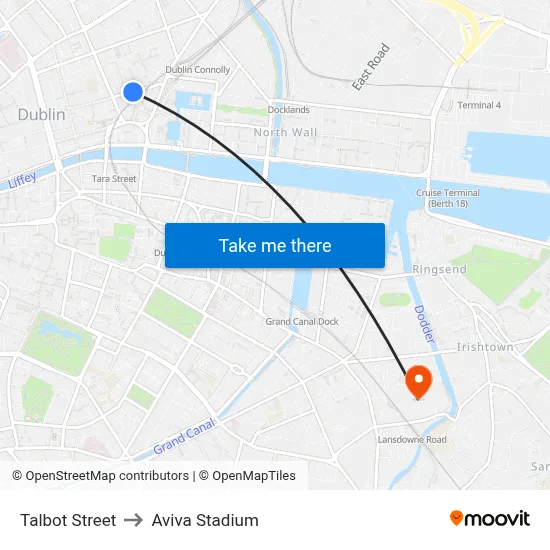 Talbot Street to Aviva Stadium map