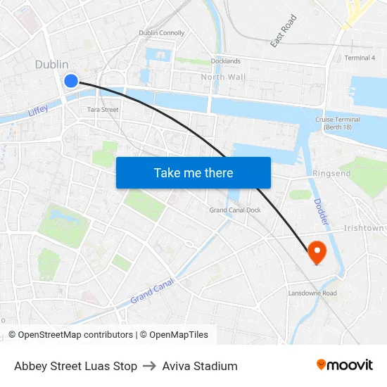 Abbey Street Luas Stop to Aviva Stadium map