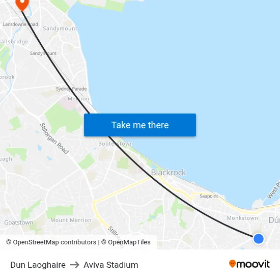 Dun Laoghaire to Aviva Stadium map