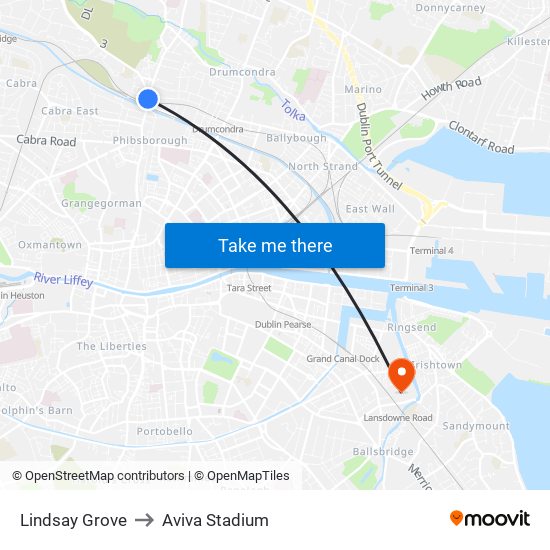 Lindsay Grove to Aviva Stadium map
