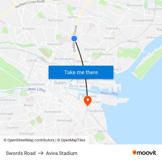 Swords Road to Aviva Stadium map
