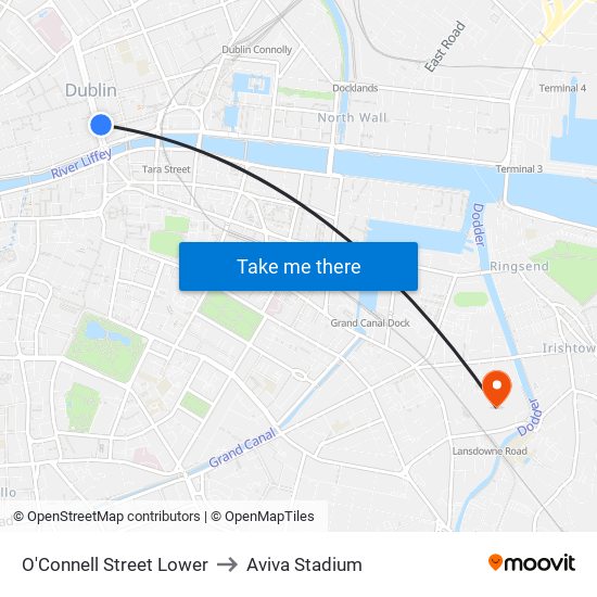 O'Connell Street Lower to Aviva Stadium map