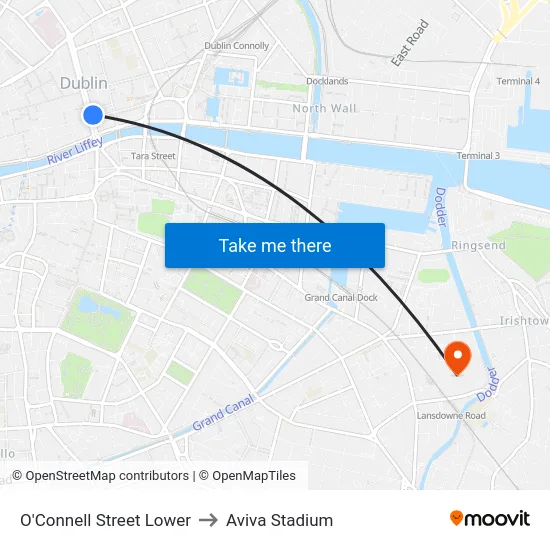 O'Connell Street Lower to Aviva Stadium map