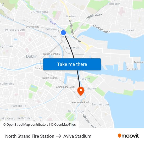 North Strand Fire Station to Aviva Stadium map