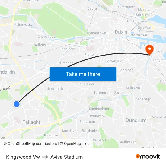 Kingswood Vw to Aviva Stadium map