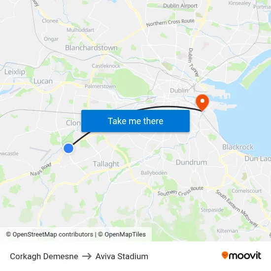 Corkagh Demesne to Aviva Stadium map