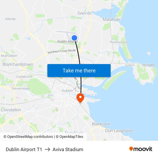 Dublin Airport T1 to Aviva Stadium map