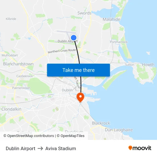 Dublin Airport to Aviva Stadium map