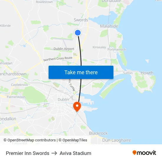 Premier Inn Swords to Aviva Stadium map