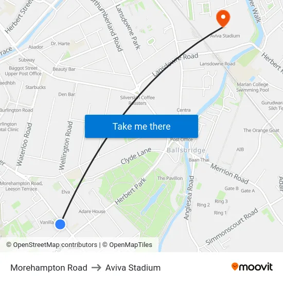 Morehampton Road to Aviva Stadium map