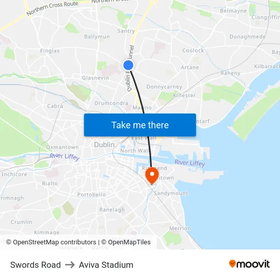 Swords Road to Aviva Stadium map