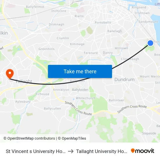 St Vincent s University Hospital to Tallaght University Hospital map