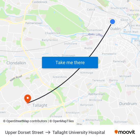 Upper Dorset Street to Tallaght University Hospital map
