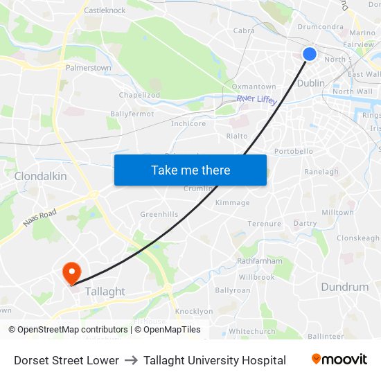 Dorset Street Lower to Tallaght University Hospital map