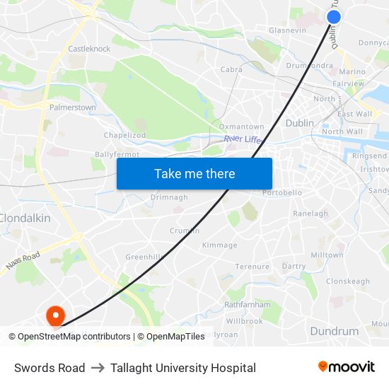 Swords Road to Tallaght University Hospital map