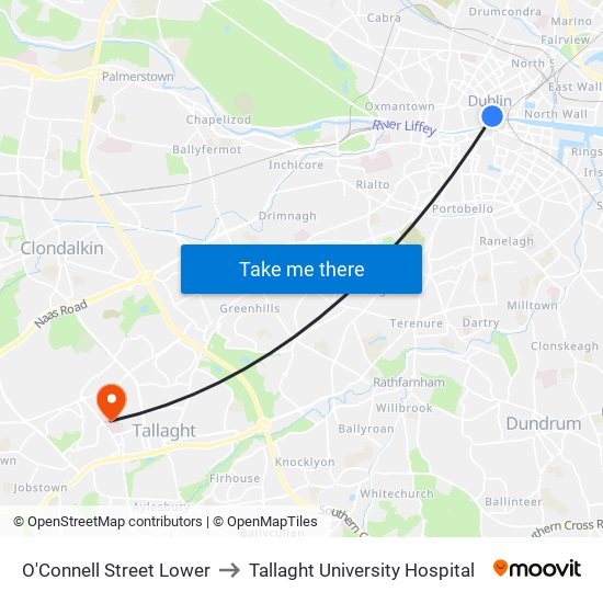 O'Connell Street Lower to Tallaght University Hospital map