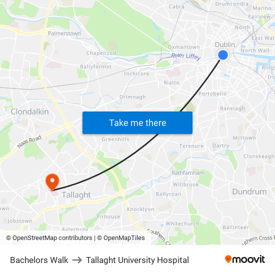 Bachelors Walk to Tallaght University Hospital map