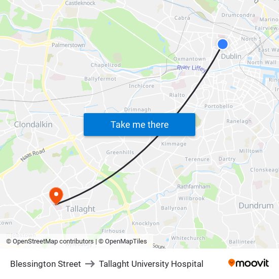 Blessington Street to Tallaght University Hospital map