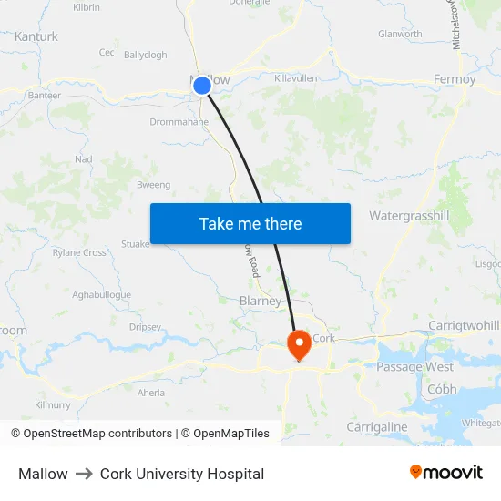 Mallow to Cork University Hospital map