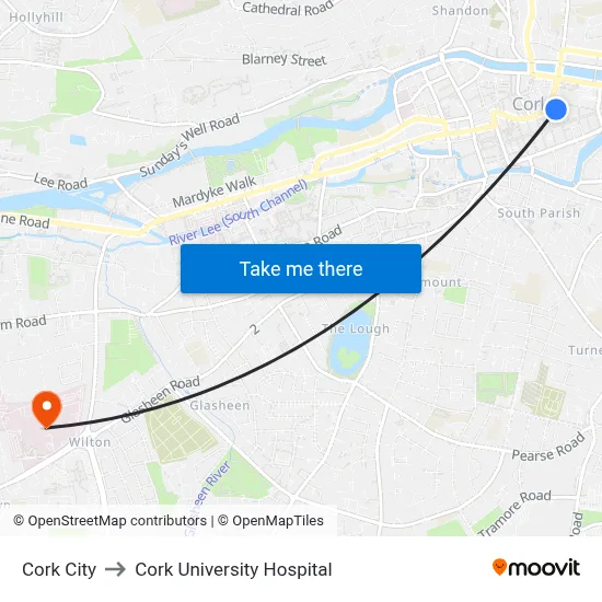 Cork City to Cork University Hospital map