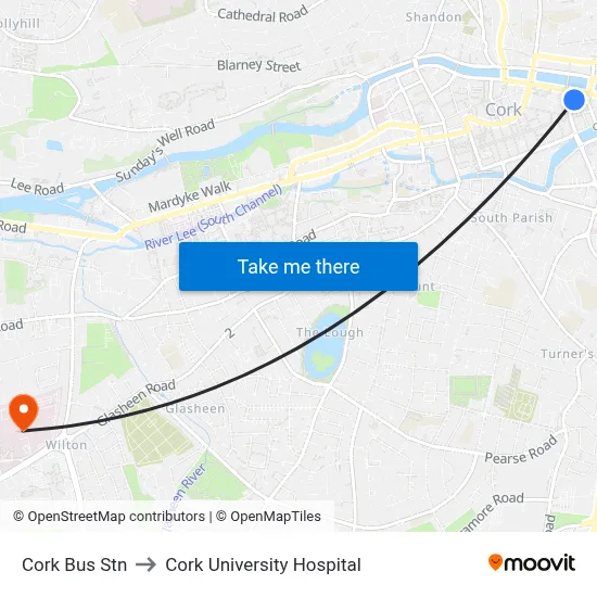 Cork Bus Stn to Cork University Hospital map