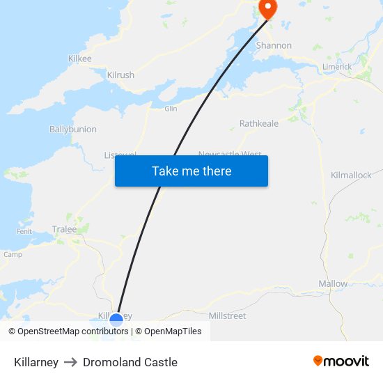 Killarney to Dromoland Castle map