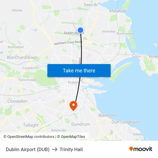 Dublin Airport (DUB) to Trinity Hall map