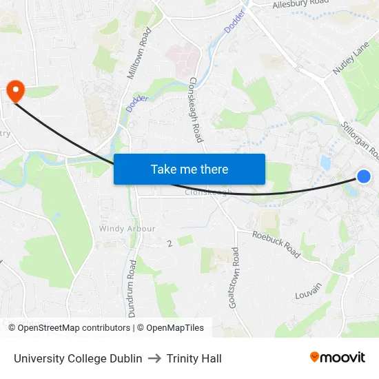 University College Dublin to Trinity Hall map