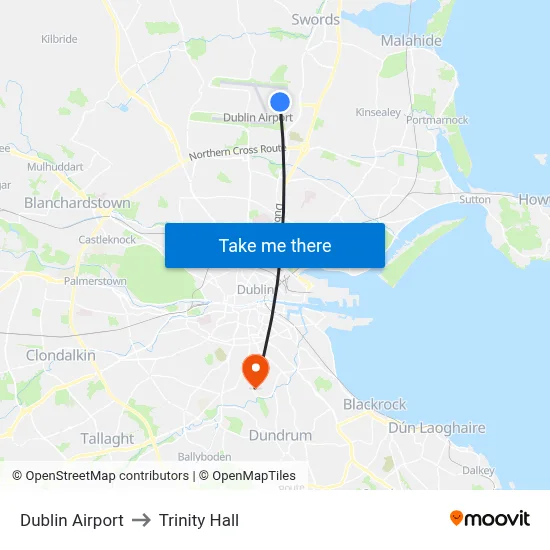 Dublin Airport to Trinity Hall map