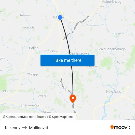 Kilkenny to Mullinavat map
