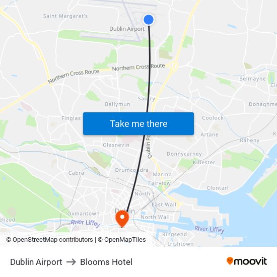Dublin Airport to Blooms Hotel map
