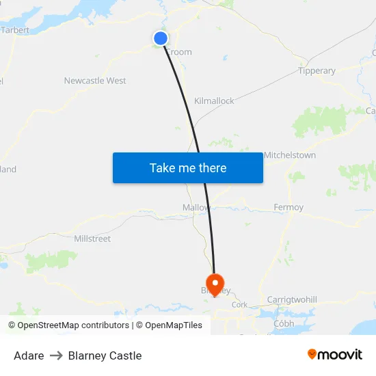 Adare to Blarney Castle map