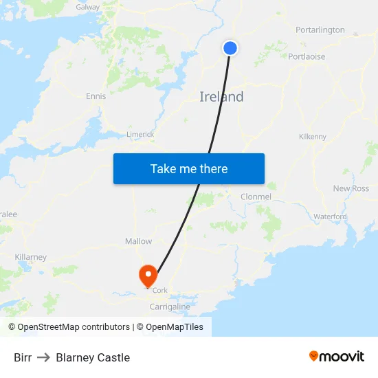 Birr to Blarney Castle map