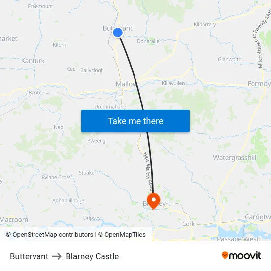 Buttervant to Blarney Castle map
