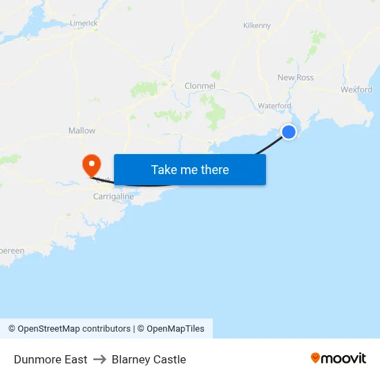 Dunmore East to Blarney Castle map