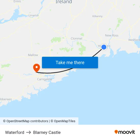 Waterford to Blarney Castle map