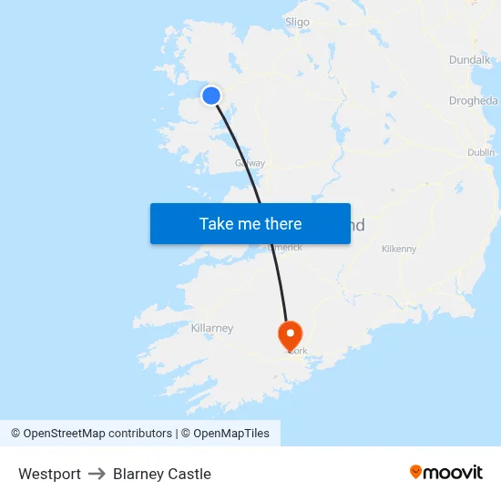 Westport to Blarney Castle map