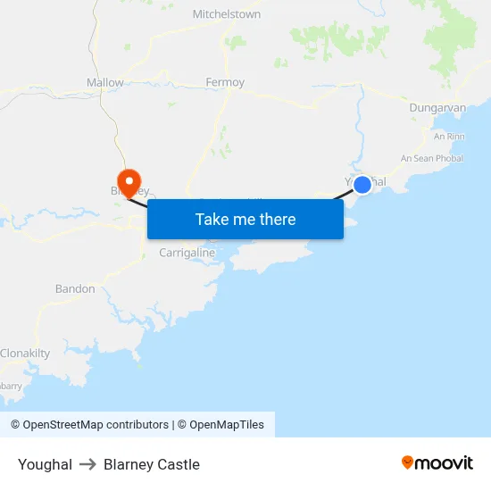Youghal to Blarney Castle map
