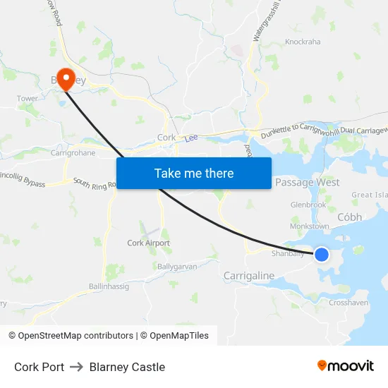 Cork Port to Blarney Castle map