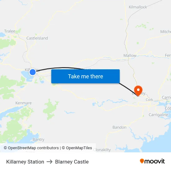 Killarney Station to Blarney Castle map